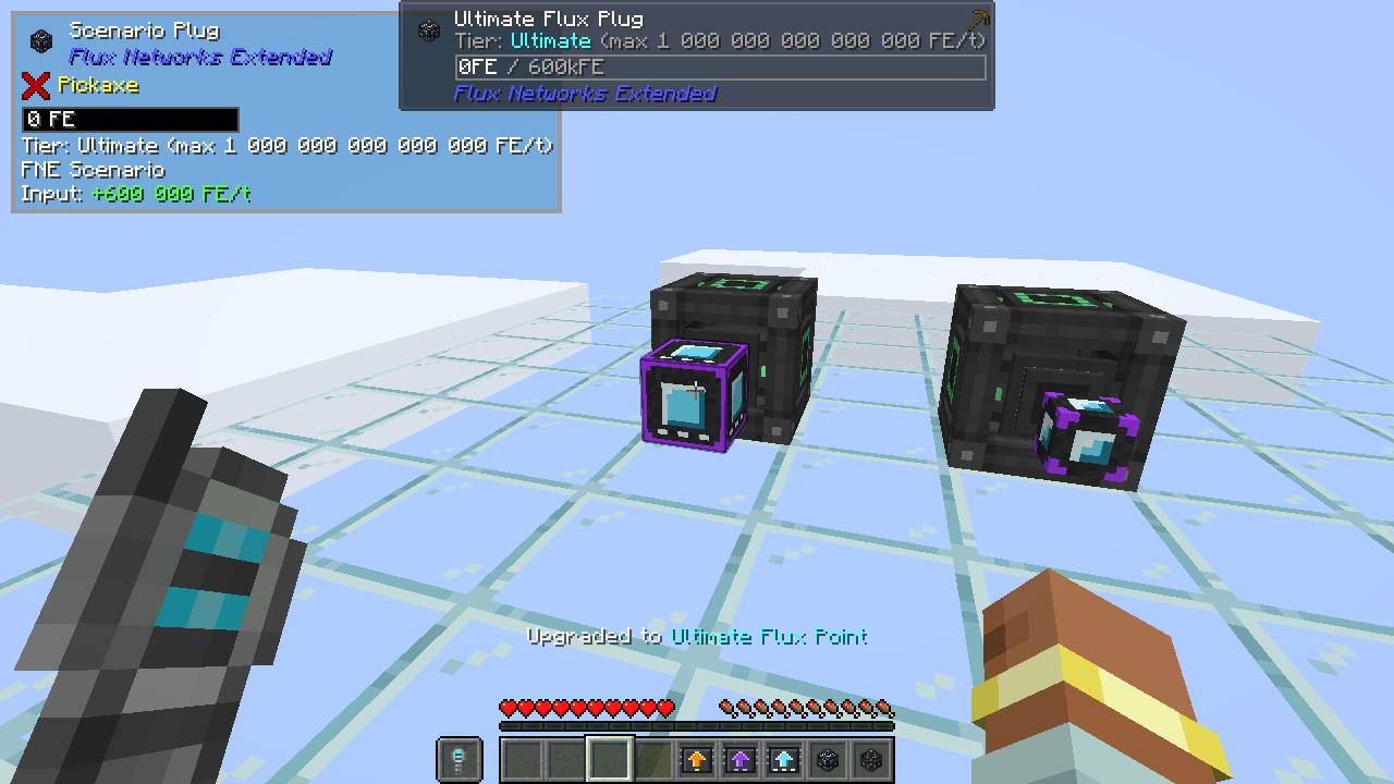 An Ultimate Flux Plug and Point between two energy cubes, seen with The One Probe and Jade
